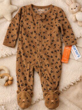Carter’s Brown Leopard Fleece Footed Sleeper 6M NWT